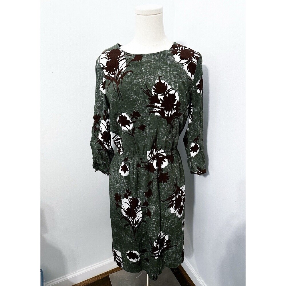 Boden Jodie Floral 3/4 Sleeve Knee Length Dress Women's Sz 8L Green Elastic Boho